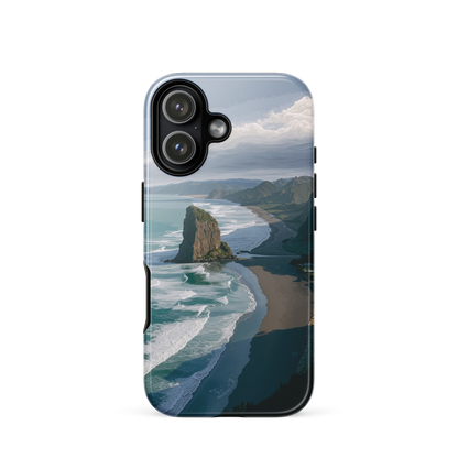 Piha Beach Lion Rock designer phone case with turquoise waves and dramatic NZ coastline