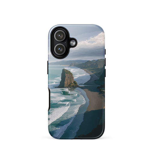 Piha Beach Lion Rock designer phone case with turquoise waves and dramatic NZ coastline