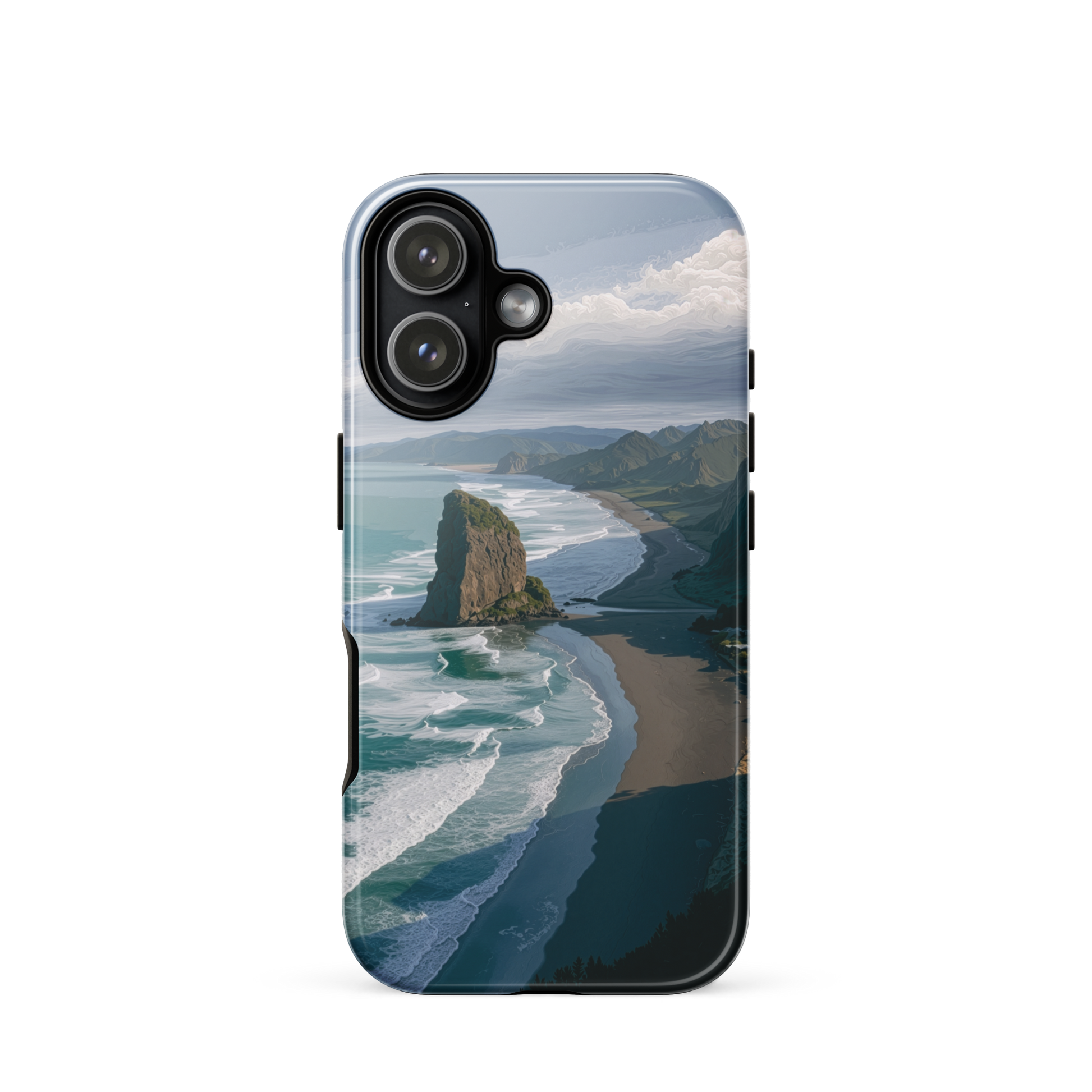 Piha Beach Lion Rock designer phone case with turquoise waves and dramatic NZ coastline