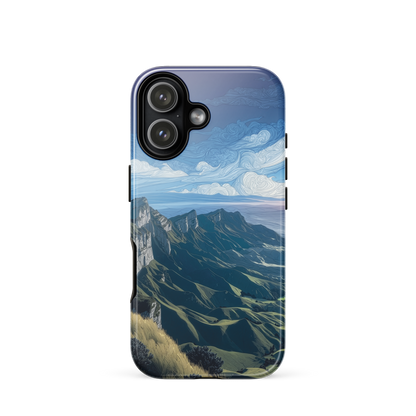 Te Mata Peak designer phone case with Hawke’s Bay cliffs, rolling green hills and dramatic swirling sky