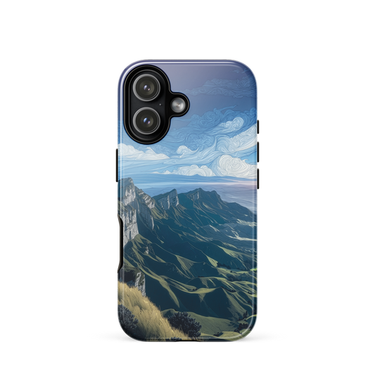 Te Mata Peak designer phone case with Hawke’s Bay cliffs, rolling green hills and dramatic swirling sky