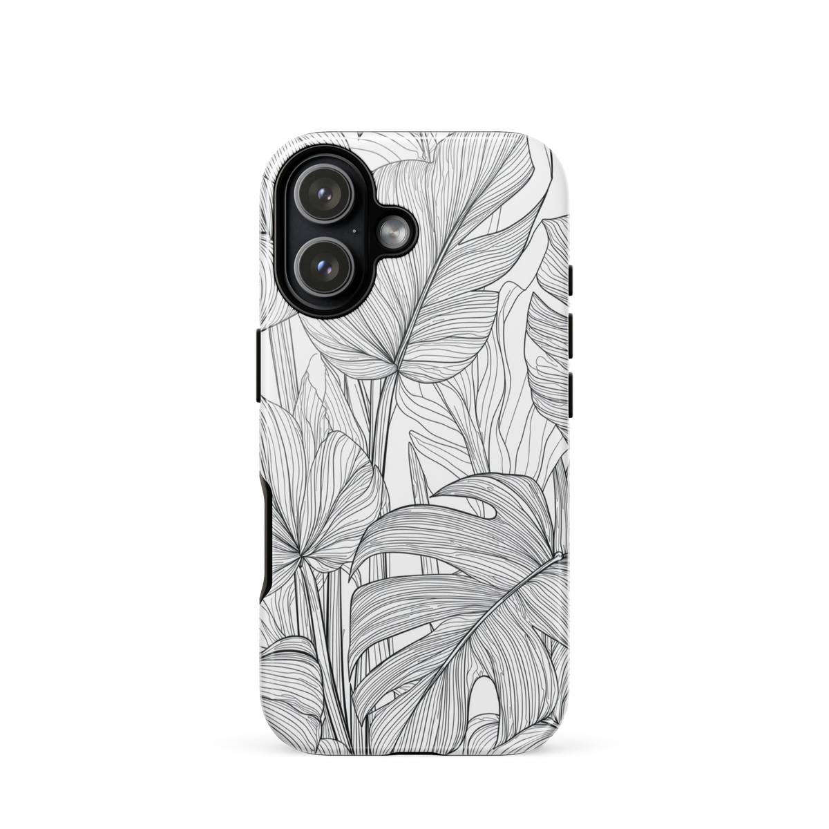 Minimal black and white tropical leaf designer phone case with detailed botanical line art