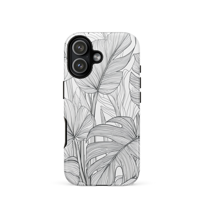 Minimal black and white tropical leaf designer phone case with detailed botanical line art