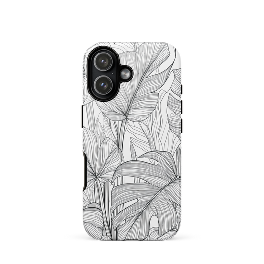 Minimal black and white tropical leaf designer phone case with detailed botanical line art