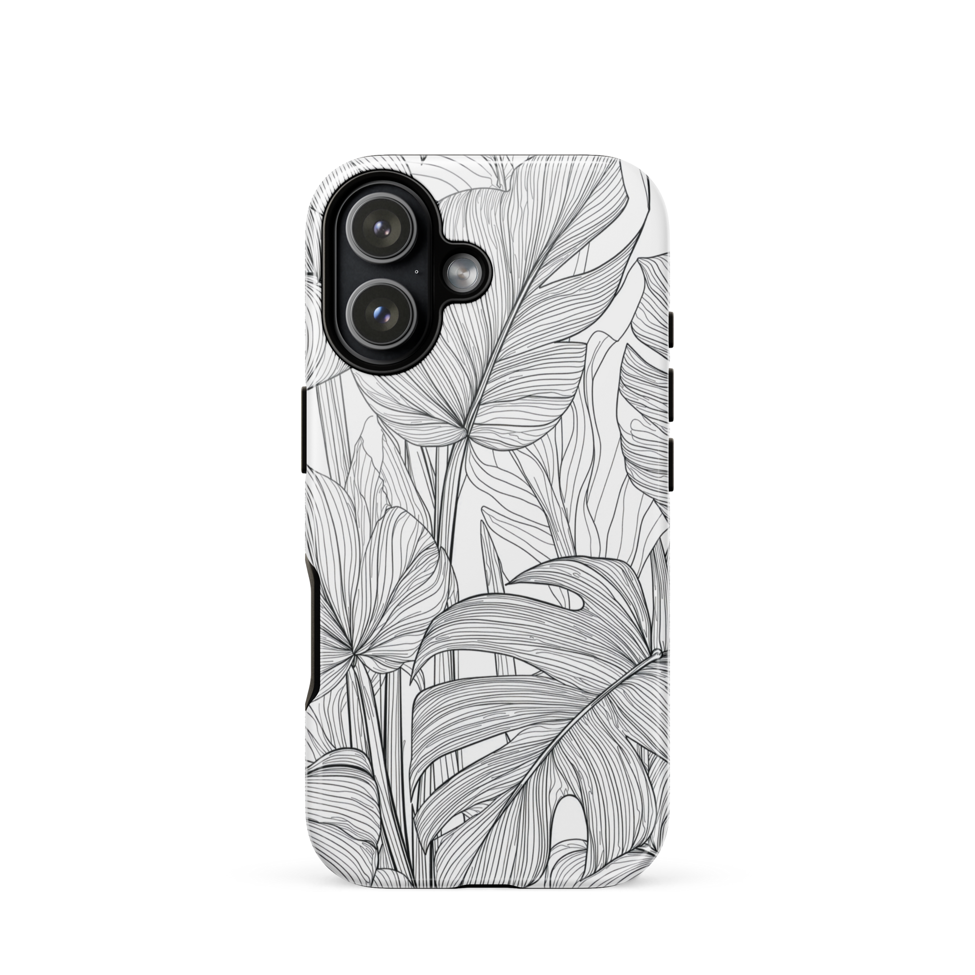Minimal black and white tropical leaf designer phone case with detailed botanical line art