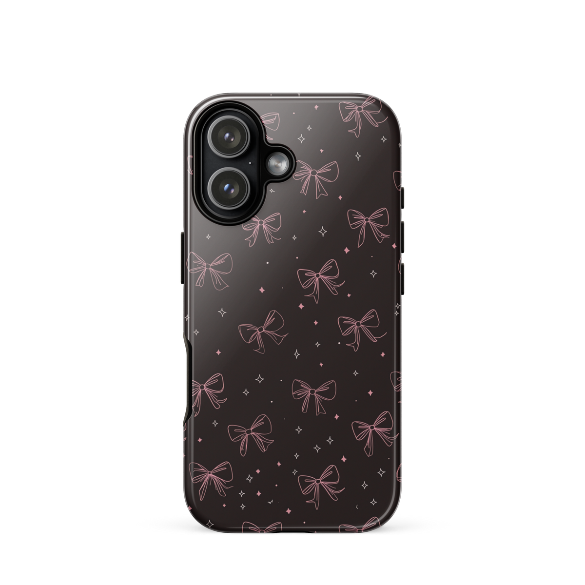 Midnight Bow seamless repeat pattern — pink hand-drawn ribbon bows and sparkle stars on a black background