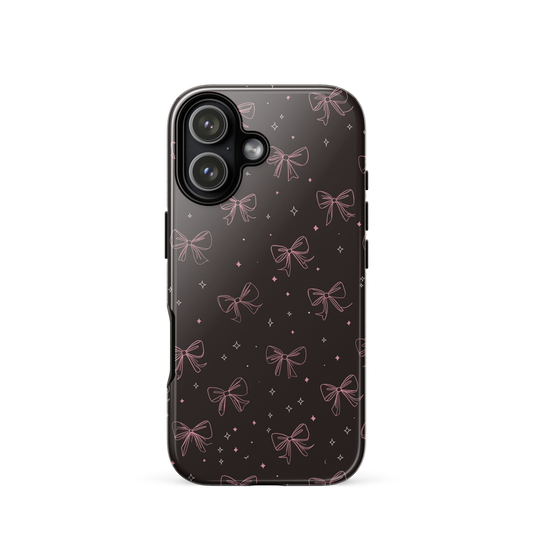 Midnight Bow seamless repeat pattern — pink hand-drawn ribbon bows and sparkle stars on a black background