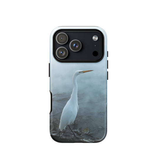 'White Heron in the mist' iPhone 17 Pro tough phone case - protective glossy case NZ Australia