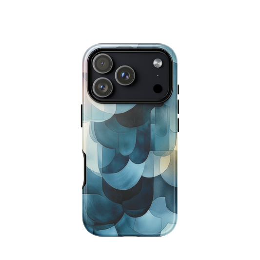 A modern abstract phone case featuring layered blue forms and soft flowing shapes.