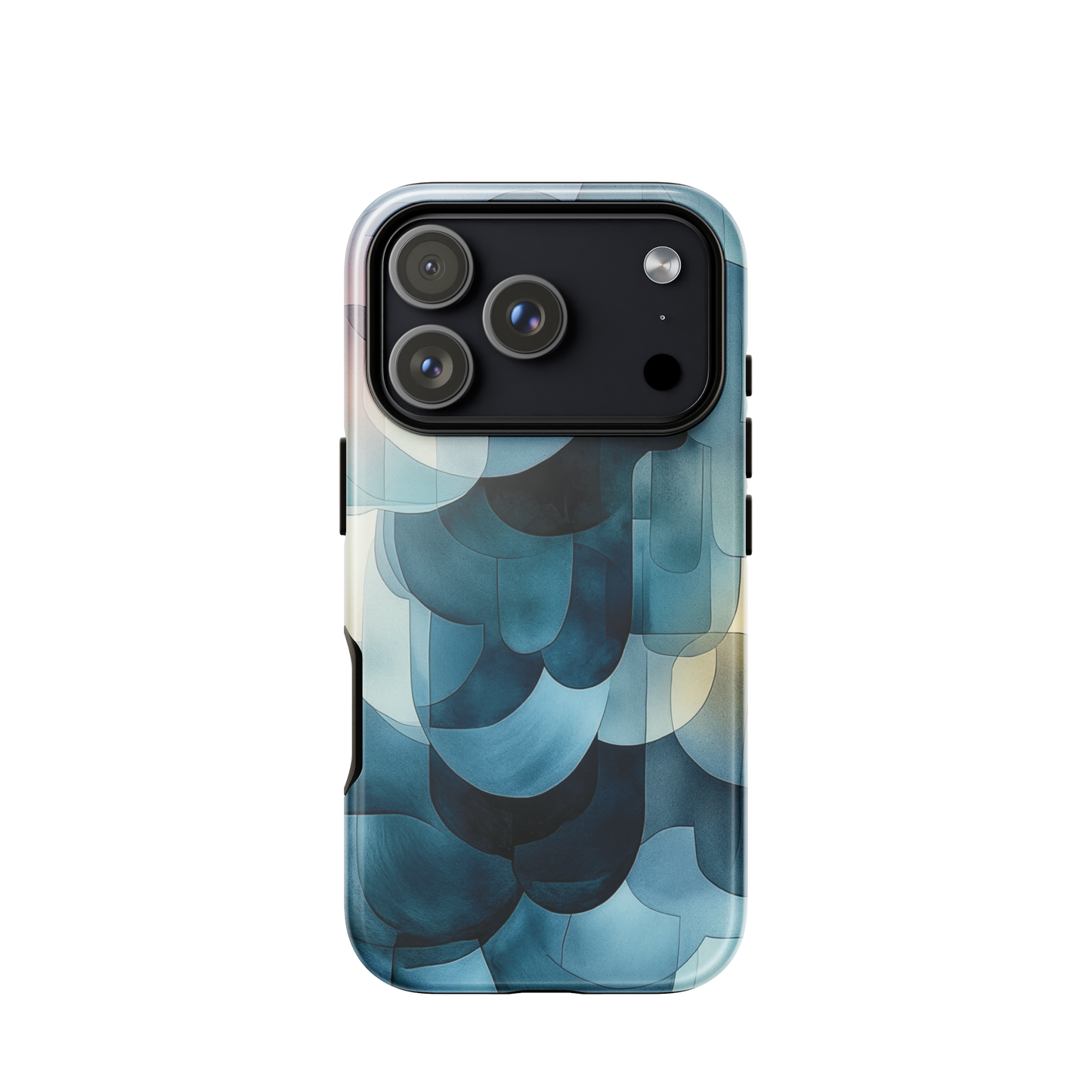 A modern abstract phone case featuring layered blue forms and soft flowing shapes.