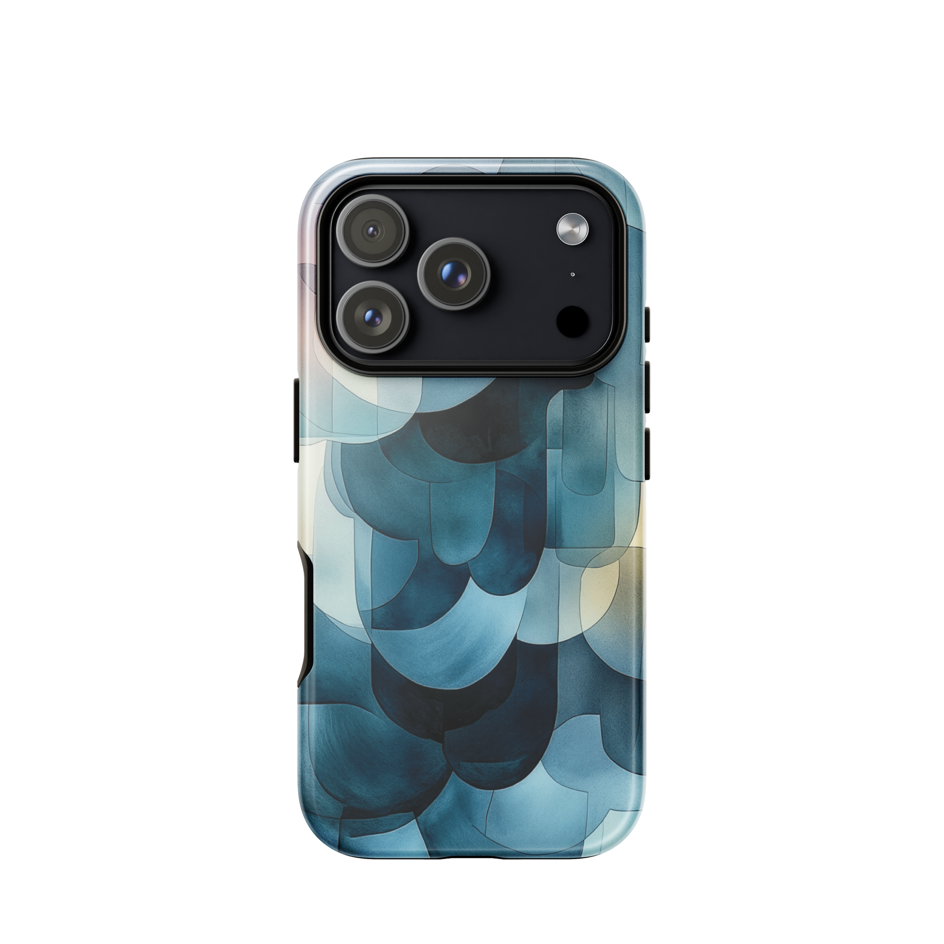 A modern abstract phone case featuring layered blue forms and soft flowing shapes.