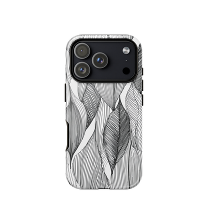 A minimalist phone case featuring fine black botanical linework in a repeating leaf pattern.
