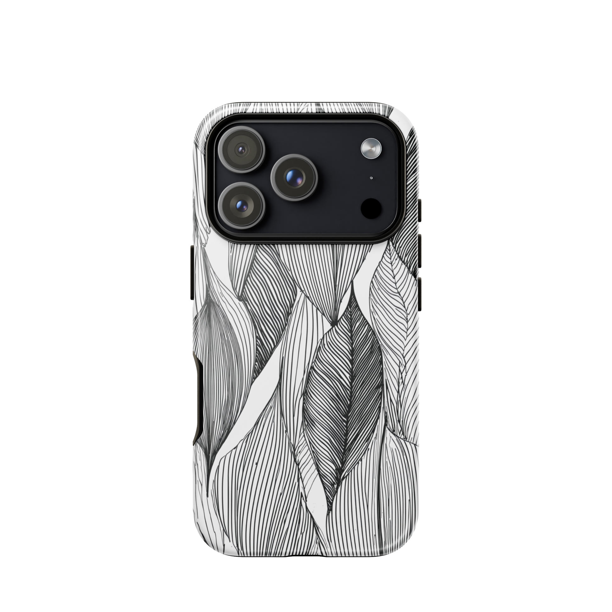 A minimalist phone case featuring fine black botanical linework in a repeating leaf pattern.