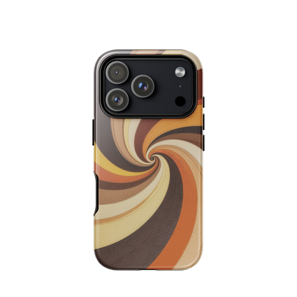 A retro-inspired phone case featuring warm swirling patterns in orange, yellow, and brown tones.