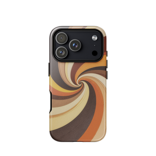A retro-inspired phone case featuring warm swirling patterns in orange, yellow, and brown tones.