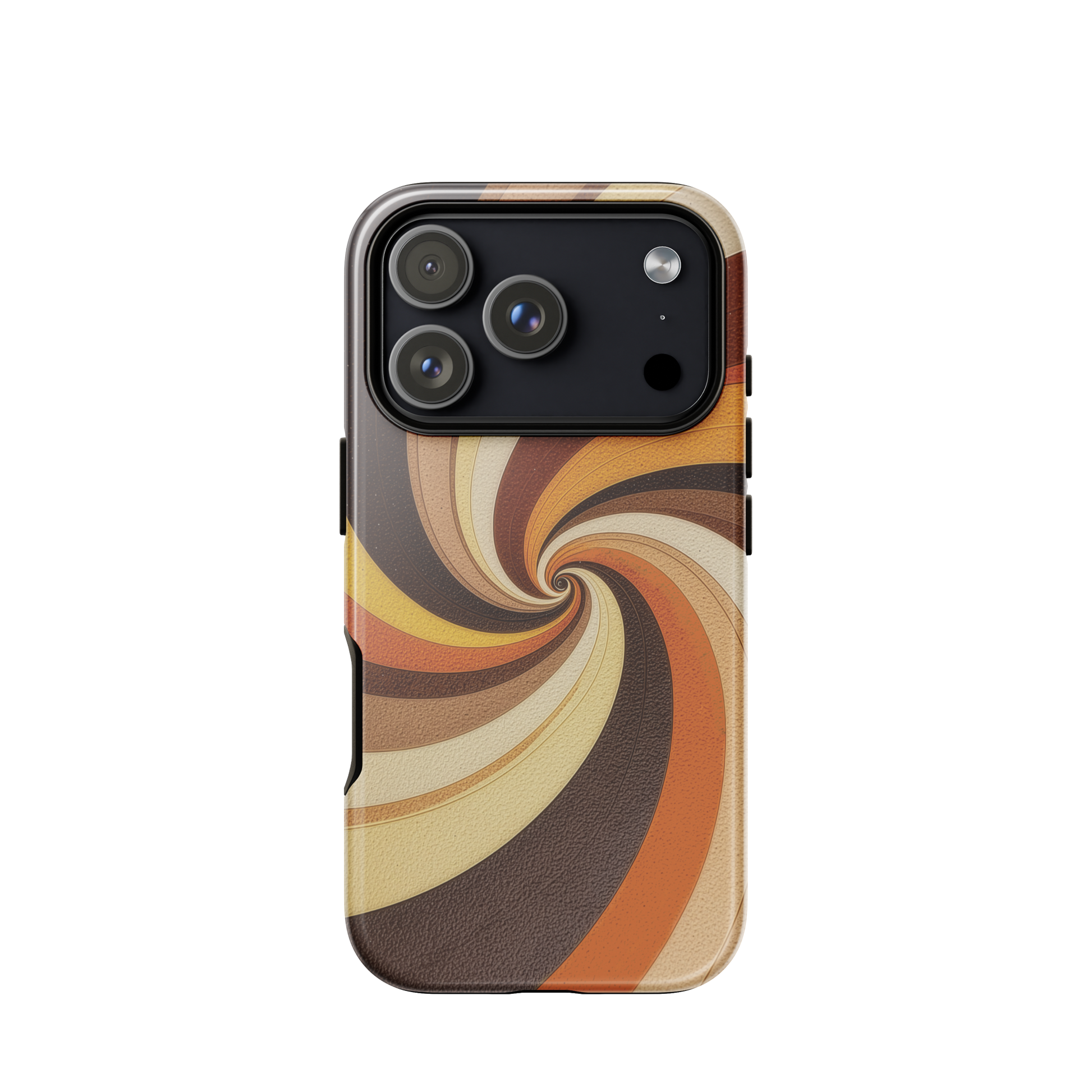 A retro-inspired phone case featuring warm swirling patterns in orange, yellow, and brown tones.