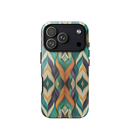 A bold geometric phone case featuring layered shapes in rich, earthy tones.