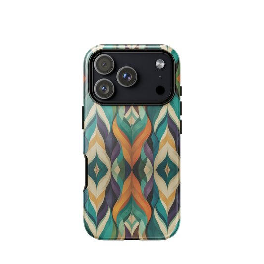 A bold geometric phone case featuring layered shapes in rich, earthy tones.