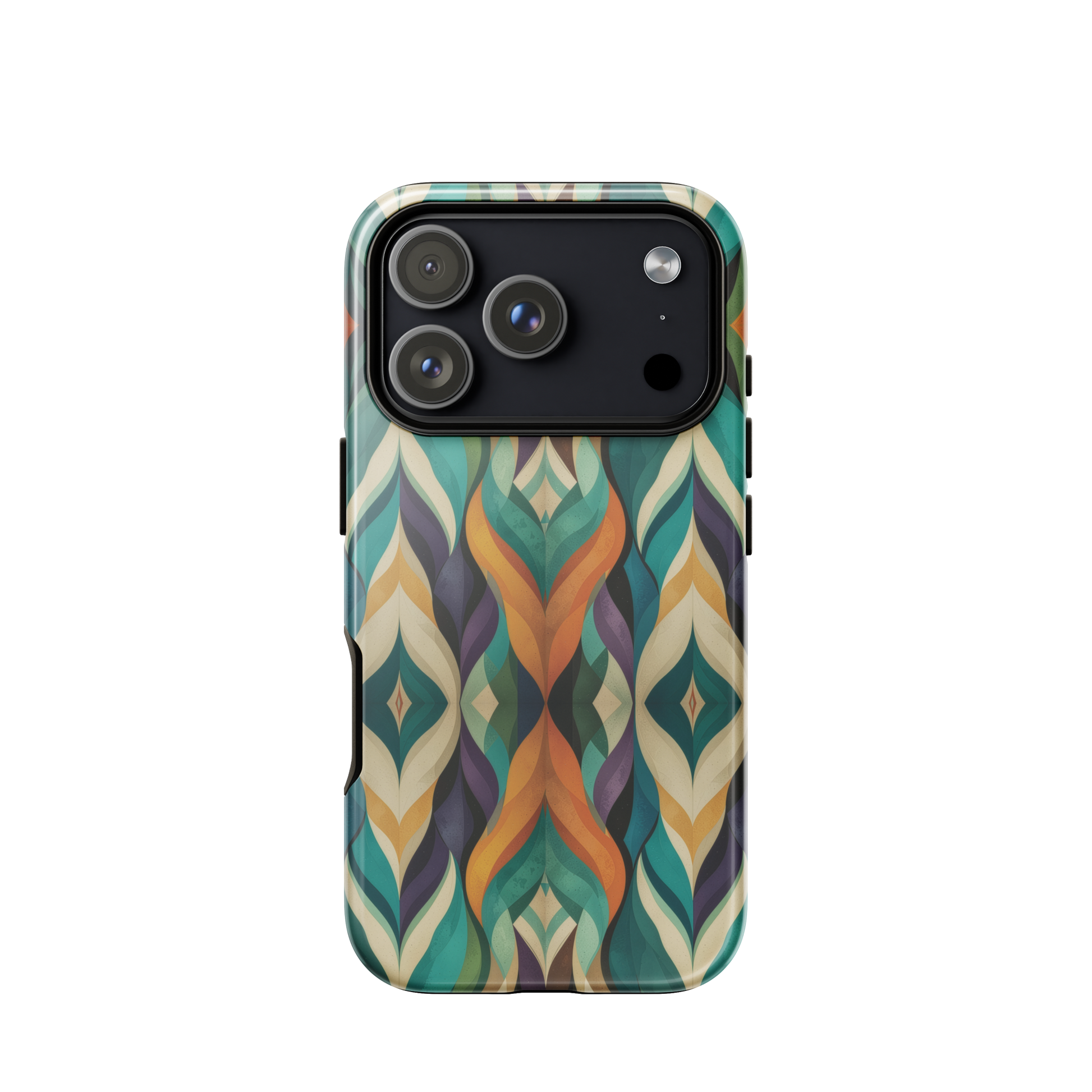 A bold geometric phone case featuring layered shapes in rich, earthy tones.
