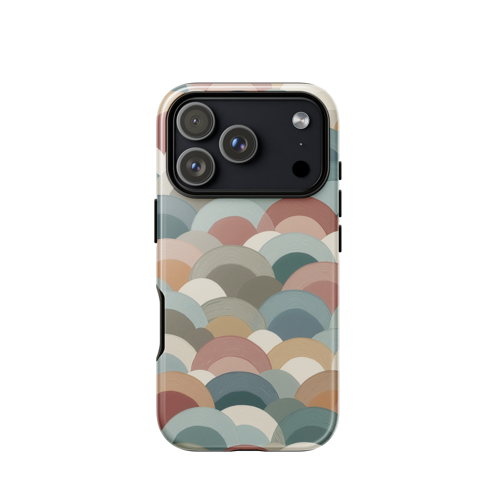 A soft retro-inspired phone case featuring layered arc shapes in warm, earthy tones.