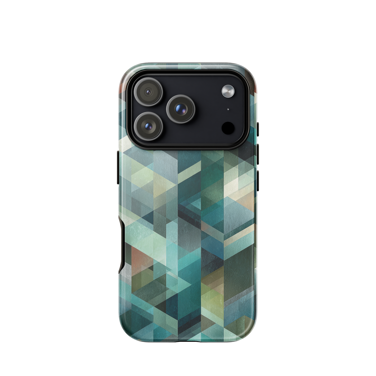 Modern abstract geometric phone case in teal and blue tones with layered retro-inspired shapes.