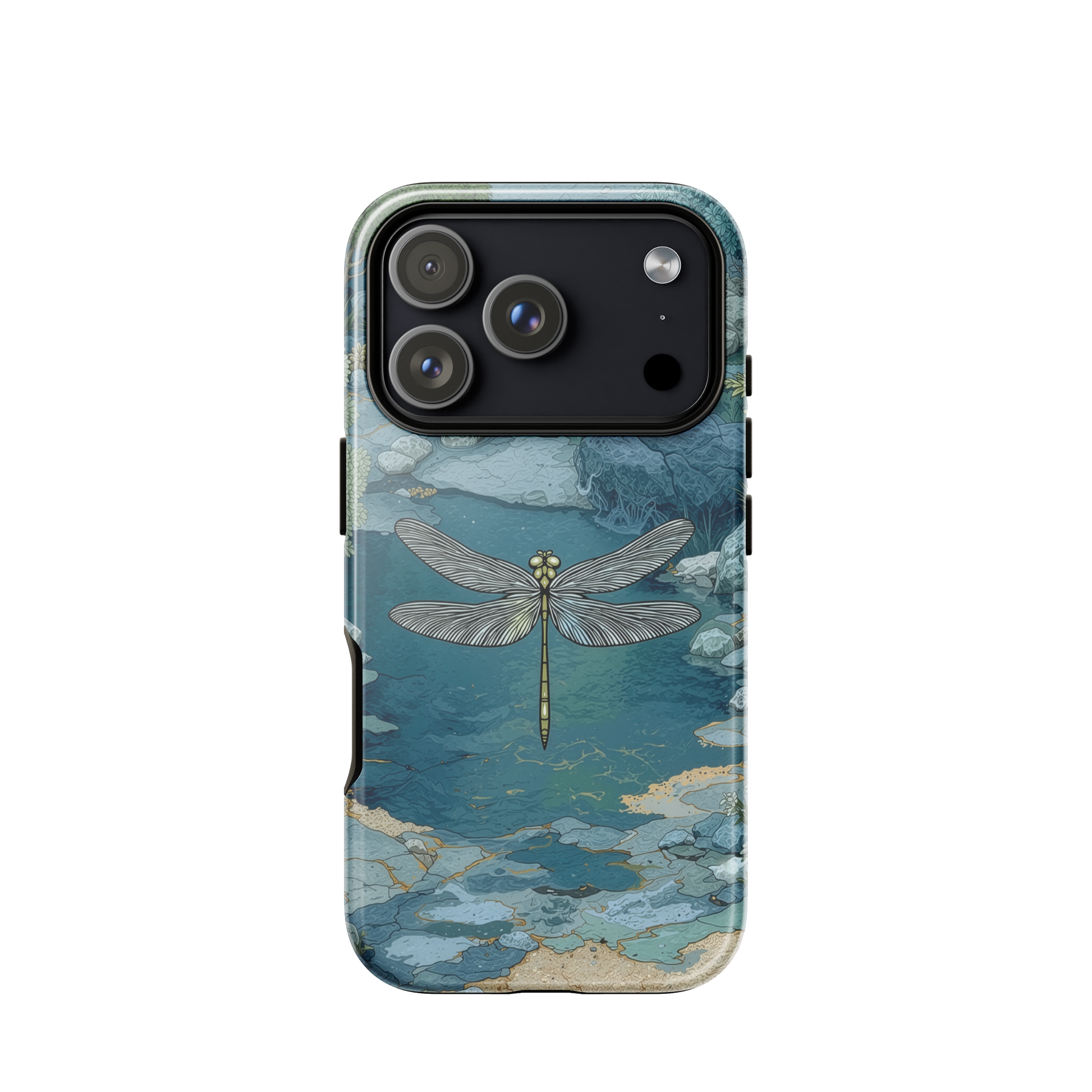 Nature-inspired phone case featuring a dragonfly over calm water with blue and green forest tones.