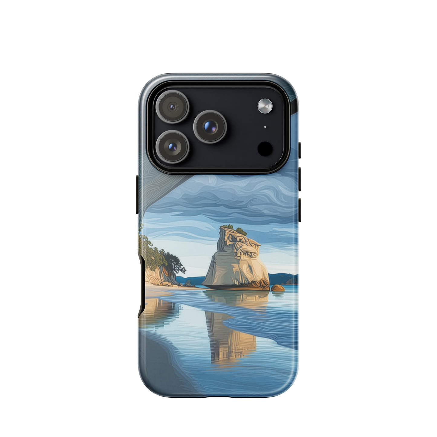 Artistic Cathedral Cove coastal designer phone case with arch rock, blue ocean and golden cliffs