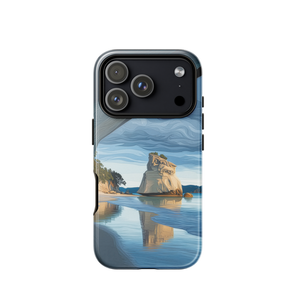 Artistic Cathedral Cove coastal designer phone case with arch rock, blue ocean and golden cliffs
