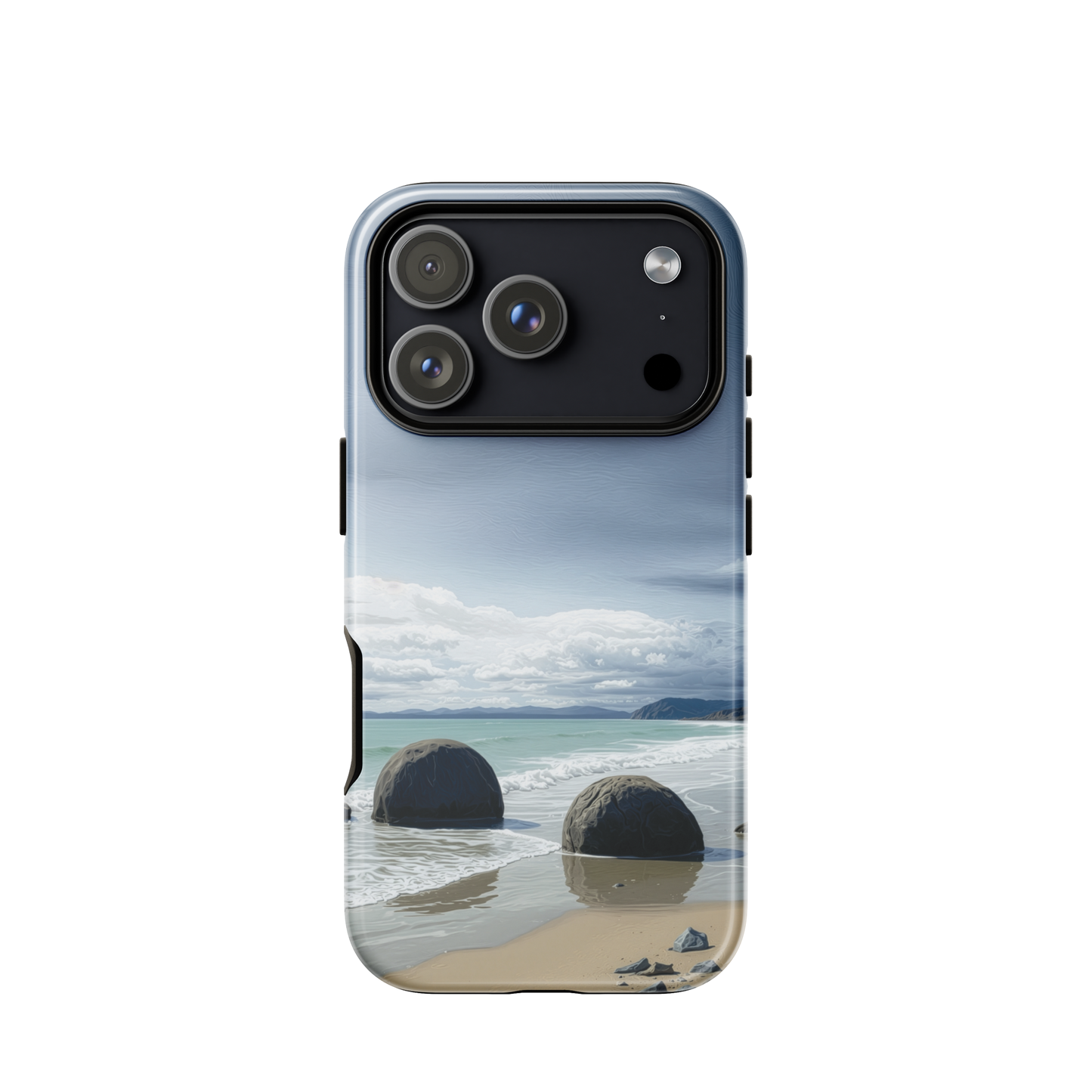 Moeraki Boulders coastal designer phone case with ocean waves and dramatic NZ sky