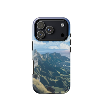 Te Mata Peak designer phone case with Hawke’s Bay cliffs, rolling green hills and dramatic swirling sky