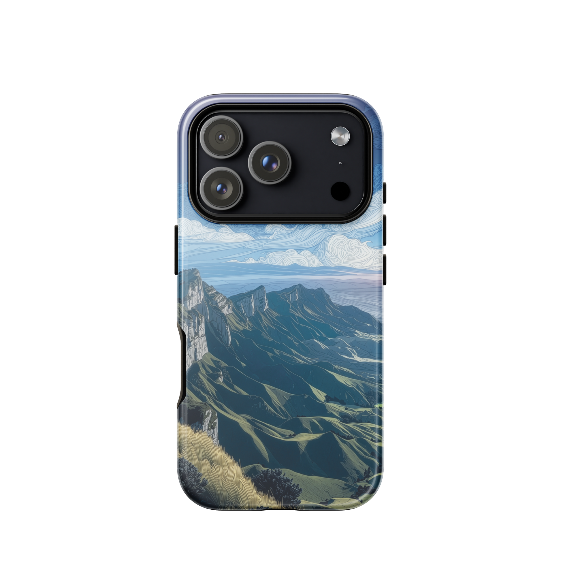 Te Mata Peak designer phone case with Hawke’s Bay cliffs, rolling green hills and dramatic swirling sky
