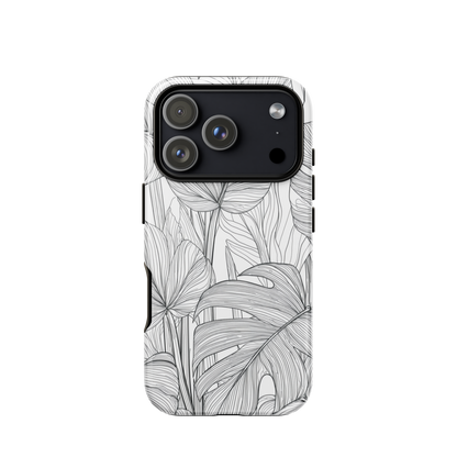 Minimal black and white tropical leaf designer phone case with detailed botanical line art