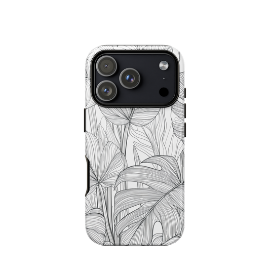 Minimal black and white tropical leaf designer phone case with detailed botanical line art