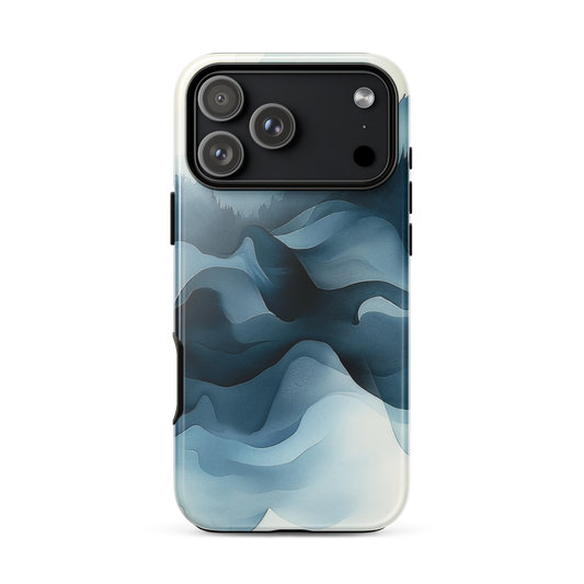 A calming abstract landscape protective phone case inspired by quiet valleys and soft blue tones.