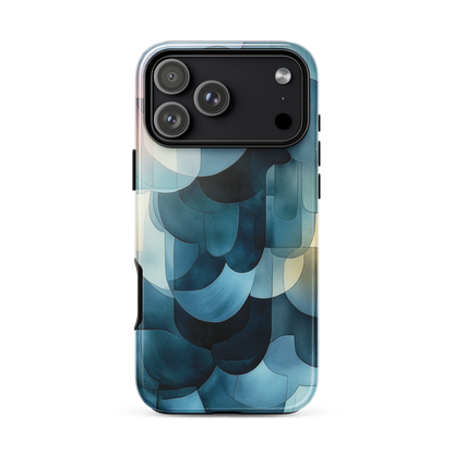 A modern abstract phone case featuring layered blue forms and soft flowing shapes.