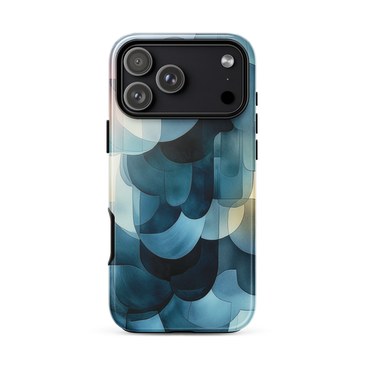 A modern abstract phone case featuring layered blue forms and soft flowing shapes.