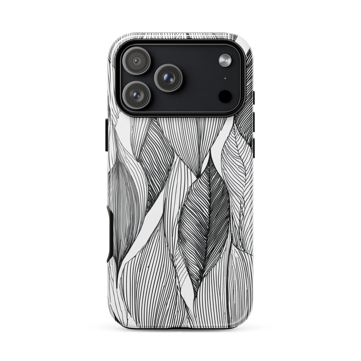 A minimalist phone case featuring fine black botanical linework in a repeating leaf pattern.