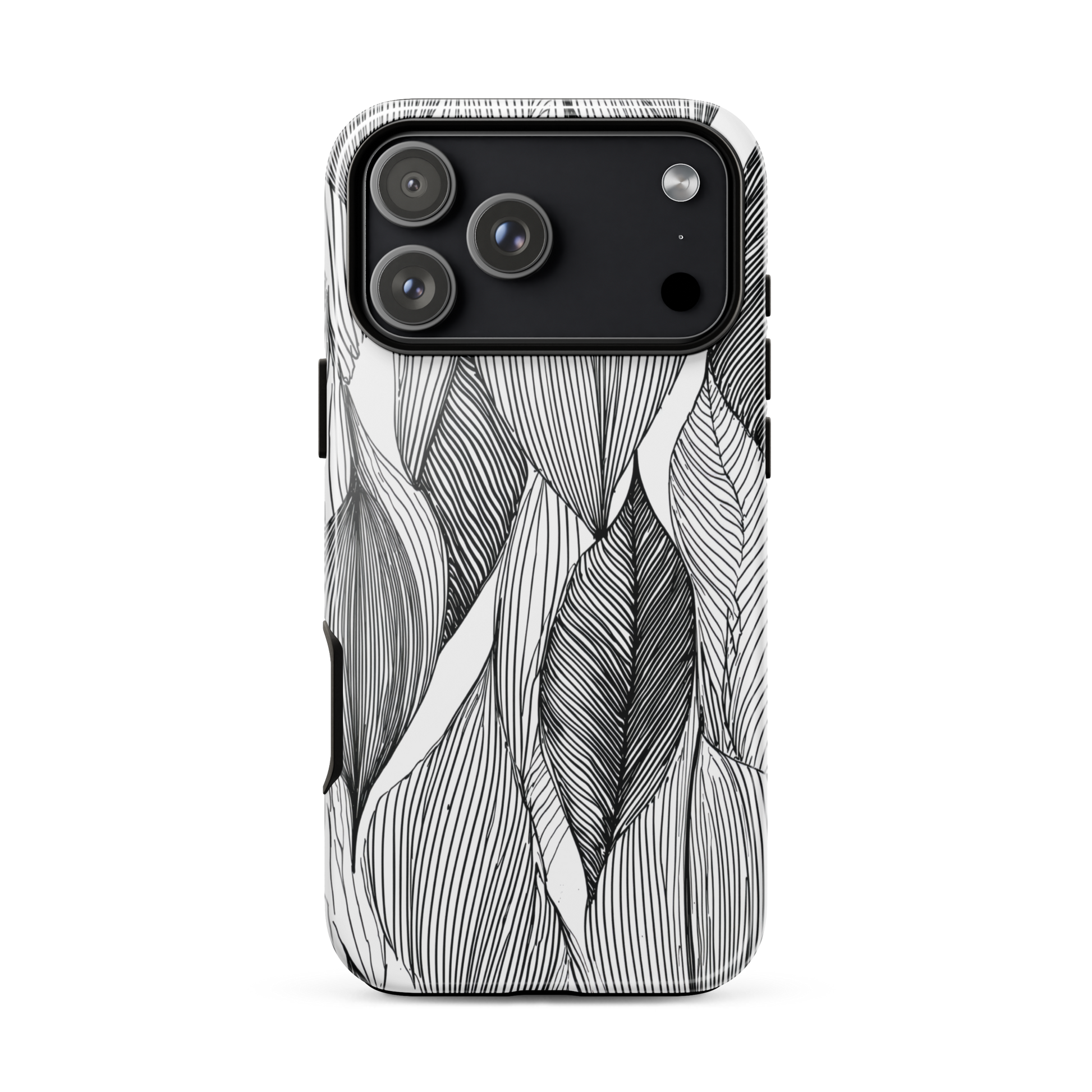 A minimalist phone case featuring fine black botanical linework in a repeating leaf pattern.