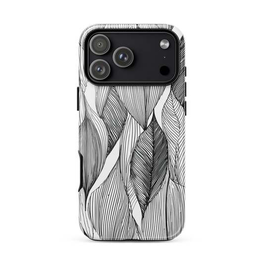 A minimalist phone case featuring fine black botanical linework in a repeating leaf pattern.