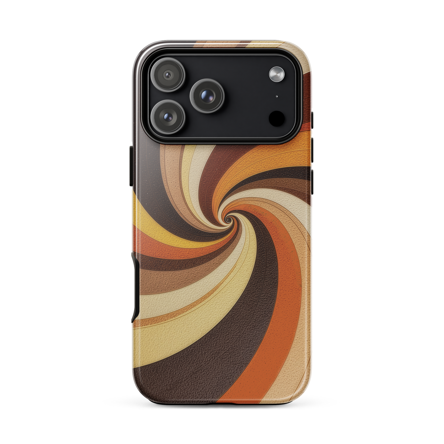 A retro-inspired phone case featuring warm swirling patterns in orange, yellow, and brown tones.