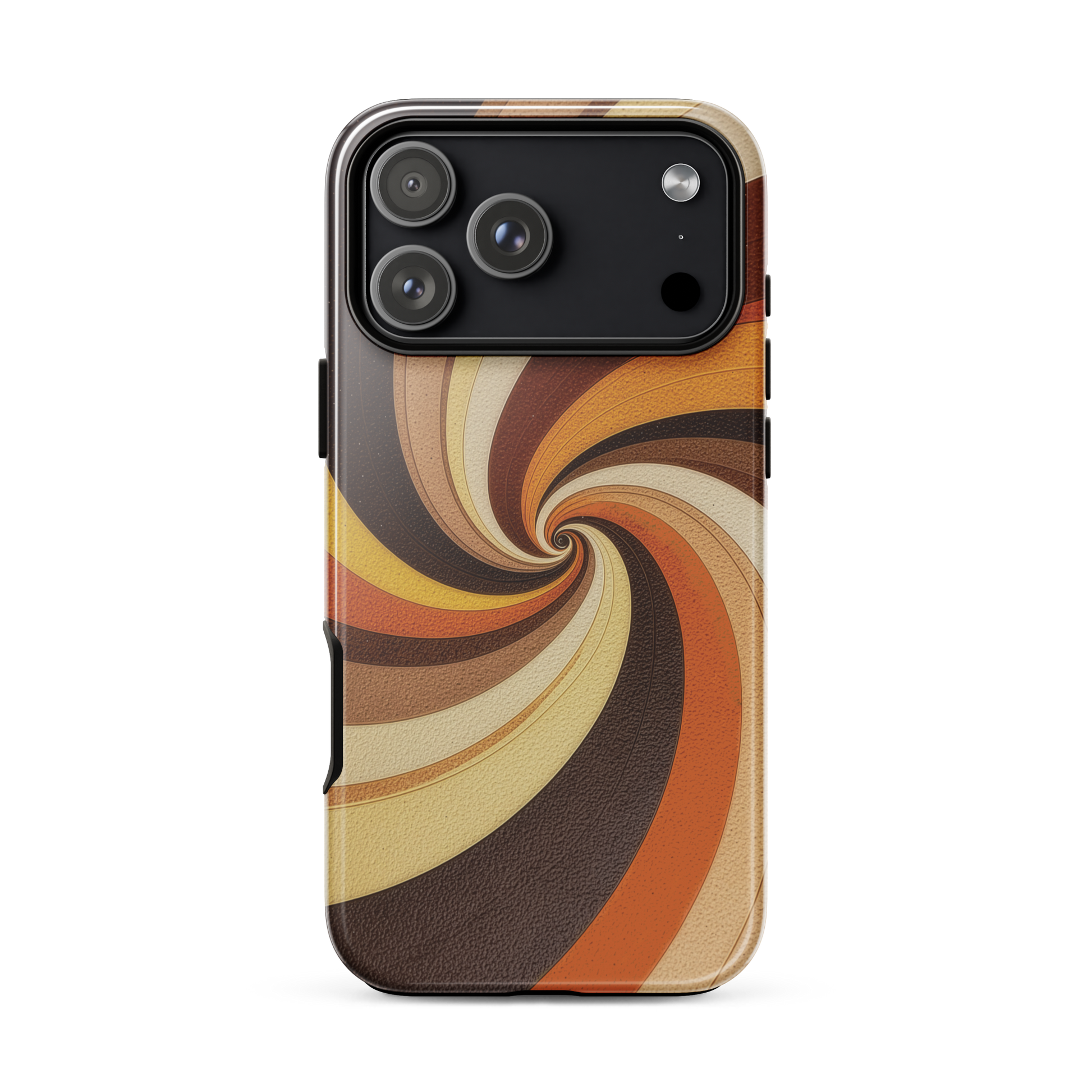 A retro-inspired phone case featuring warm swirling patterns in orange, yellow, and brown tones.