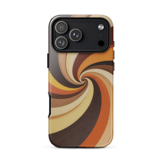 A retro-inspired phone case featuring warm swirling patterns in orange, yellow, and brown tones.