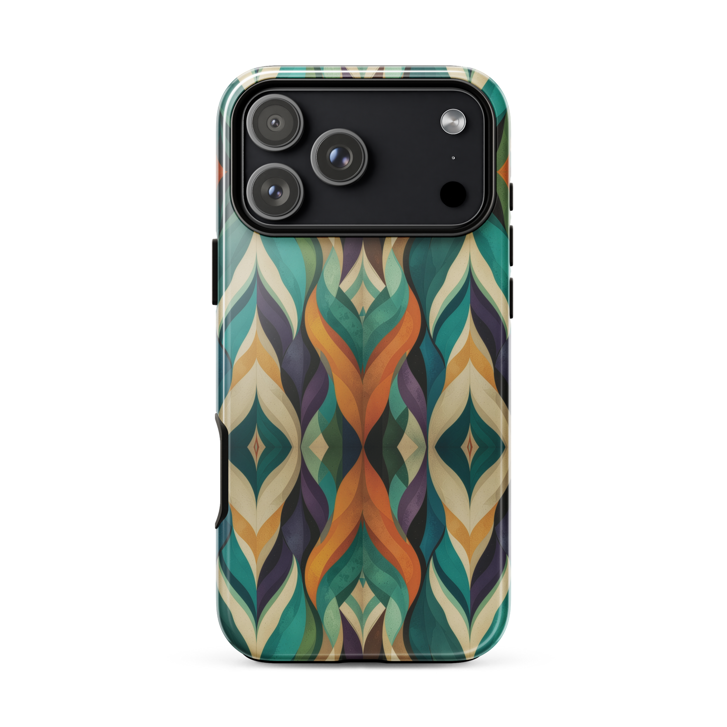 A bold geometric phone case featuring layered shapes in rich, earthy tones.