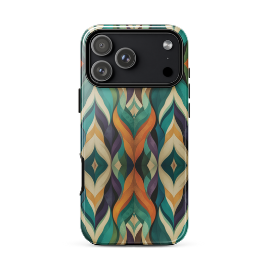 A bold geometric phone case featuring layered shapes in rich, earthy tones.
