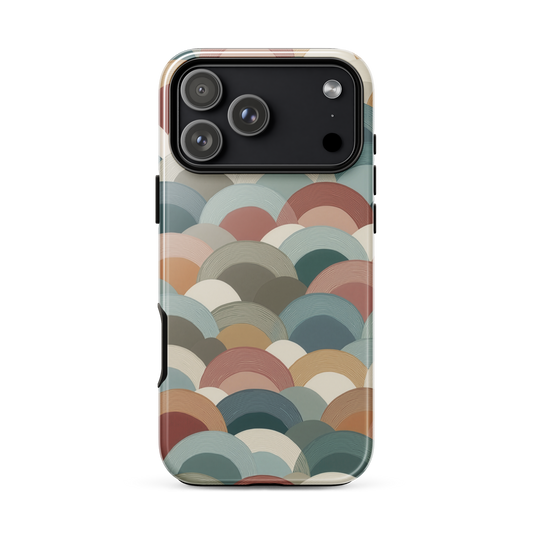 A soft retro-inspired phone case featuring layered arc shapes in warm, earthy tones.