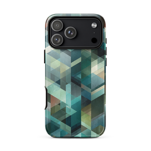 Modern abstract geometric phone case in teal and blue tones with layered retro-inspired shapes.