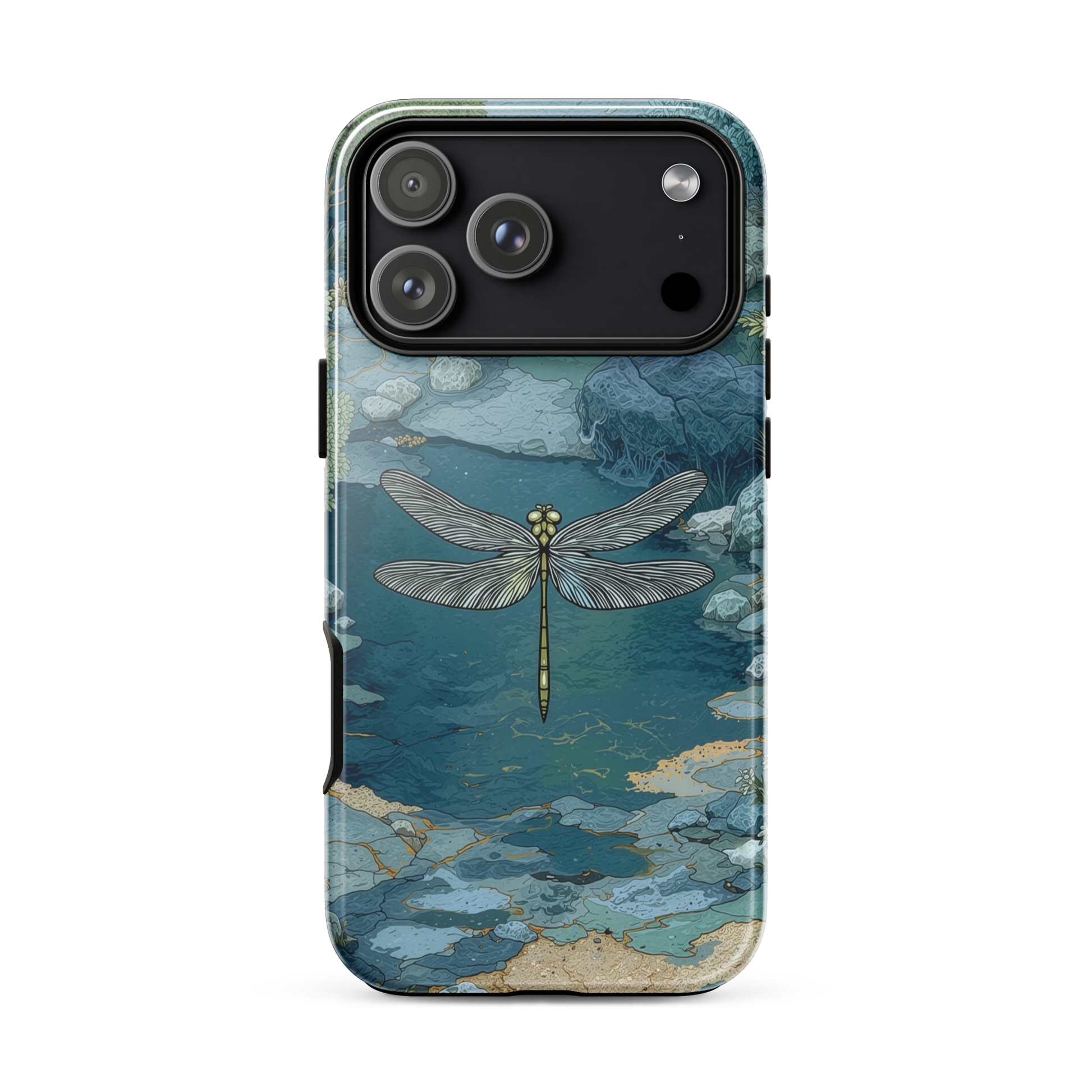 Nature-inspired phone case featuring a dragonfly over calm water with blue and green forest tones.