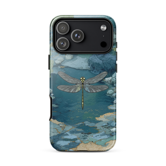 Nature-inspired phone case featuring a dragonfly over calm water with blue and green forest tones.