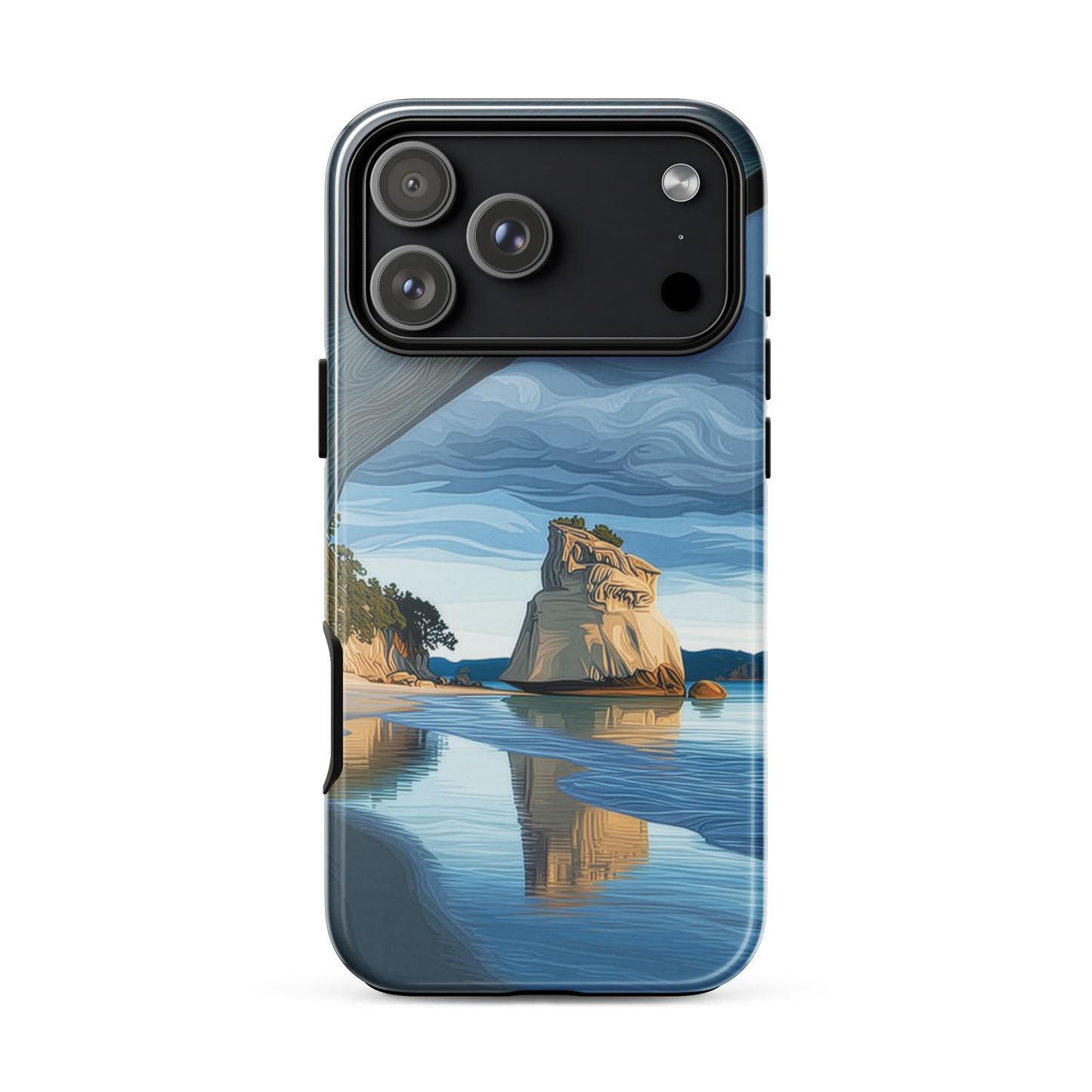 Artistic Cathedral Cove coastal designer phone case with arch rock, blue ocean and golden cliffs