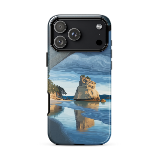 Artistic Cathedral Cove coastal designer phone case with arch rock, blue ocean and golden cliffs